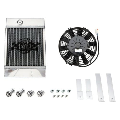 Universal Drag Race / Tuck Radiator                                  -10.5H" x 10L" x 3.6W" (5.65" w/fan)                                      - Includes 9-inch SPAL fan                       - Includes inlet/outlet kit (1.25 or -16) + installation b